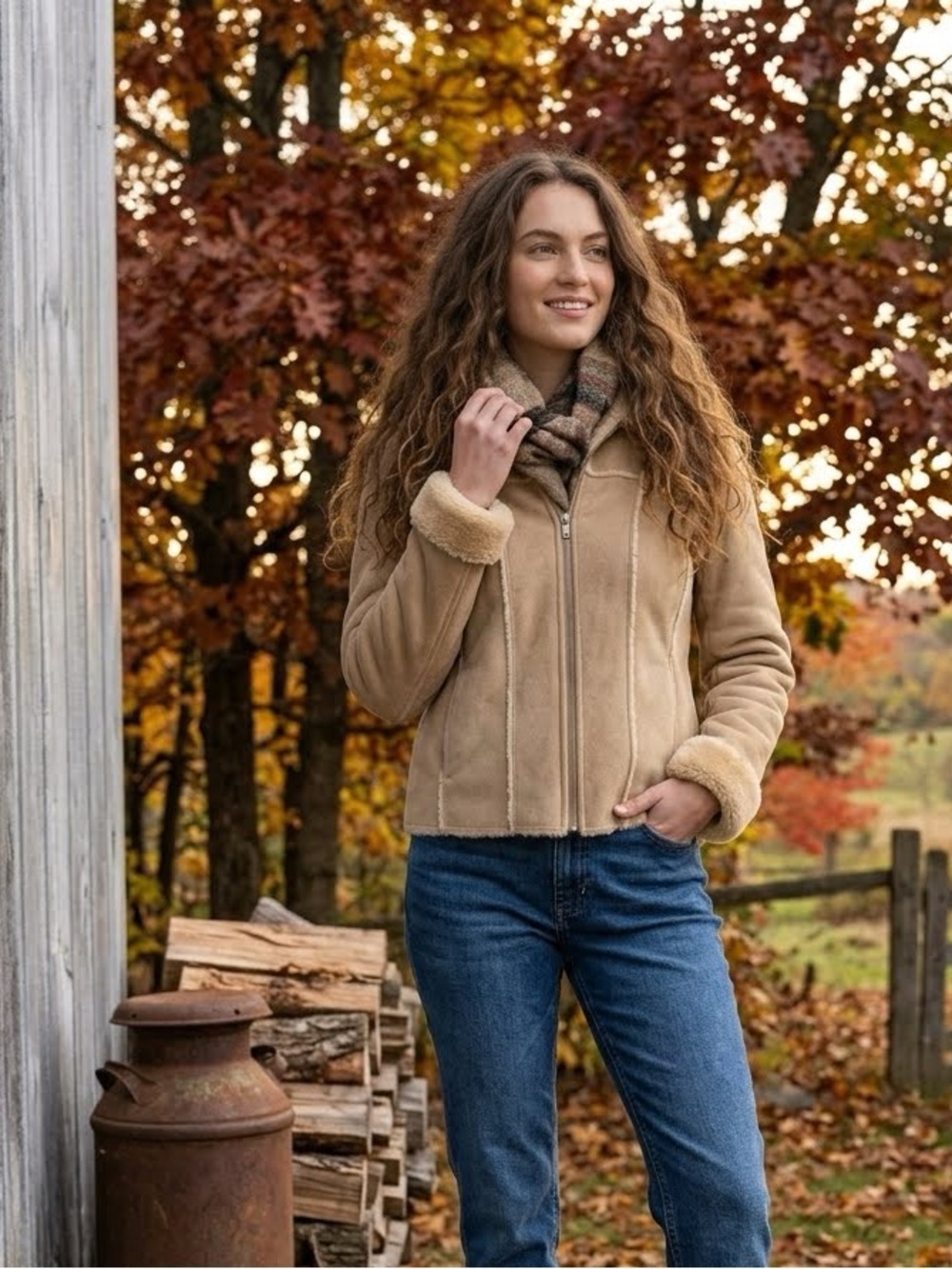 Vintage Genuine Suede Shearling Trim Biker Jacket
